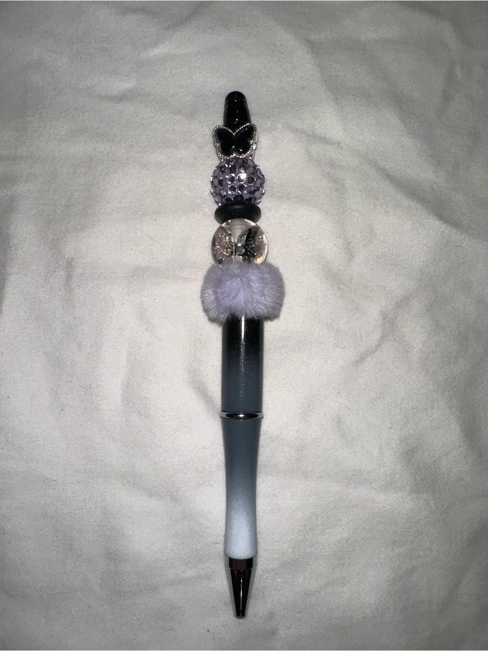 Plush Pom and Crystal Accent with black butterfly Ballpoint Pen - Lavender Gray